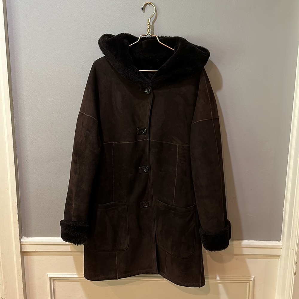 SEARLE Brown Oversized Shearling Suede Coat Jacket Reversible MEDIUM 1990's VNTG